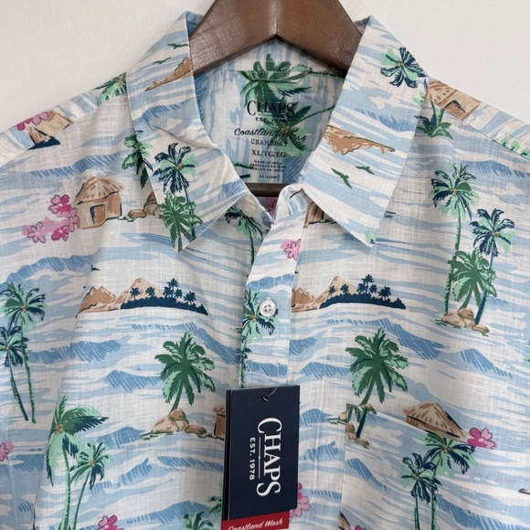 NWT Chaps Men's Short Sleeve Chambray Button Down Shirt Tropical Hawaiian Sz XL - Picture 5 of 11